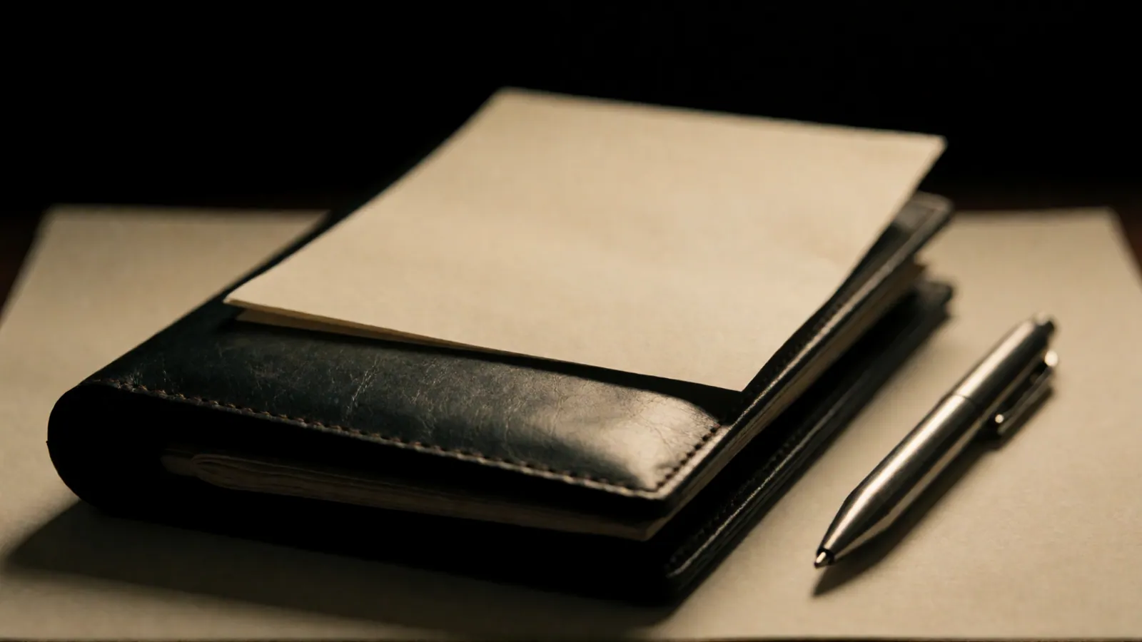 A blank sheet of letterhead-weight paper in an open plain folder on a desk, no printing at the head of it