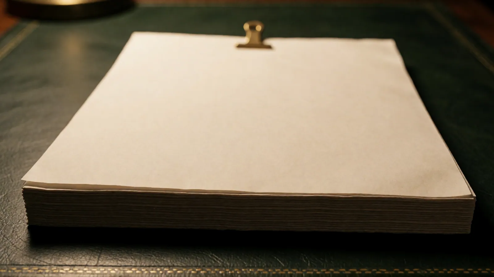A thick stack of blank pages squared up on a desk and seen from above, no writing on any of them
