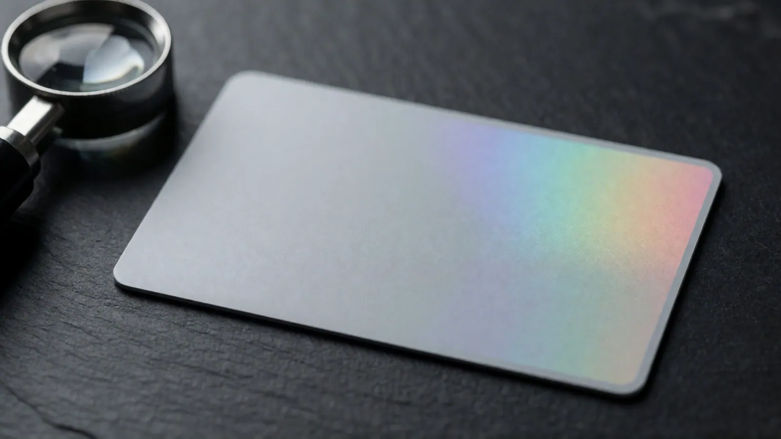 A blank card-sized rectangle of laminated stock face up on a counter, both faces plain
