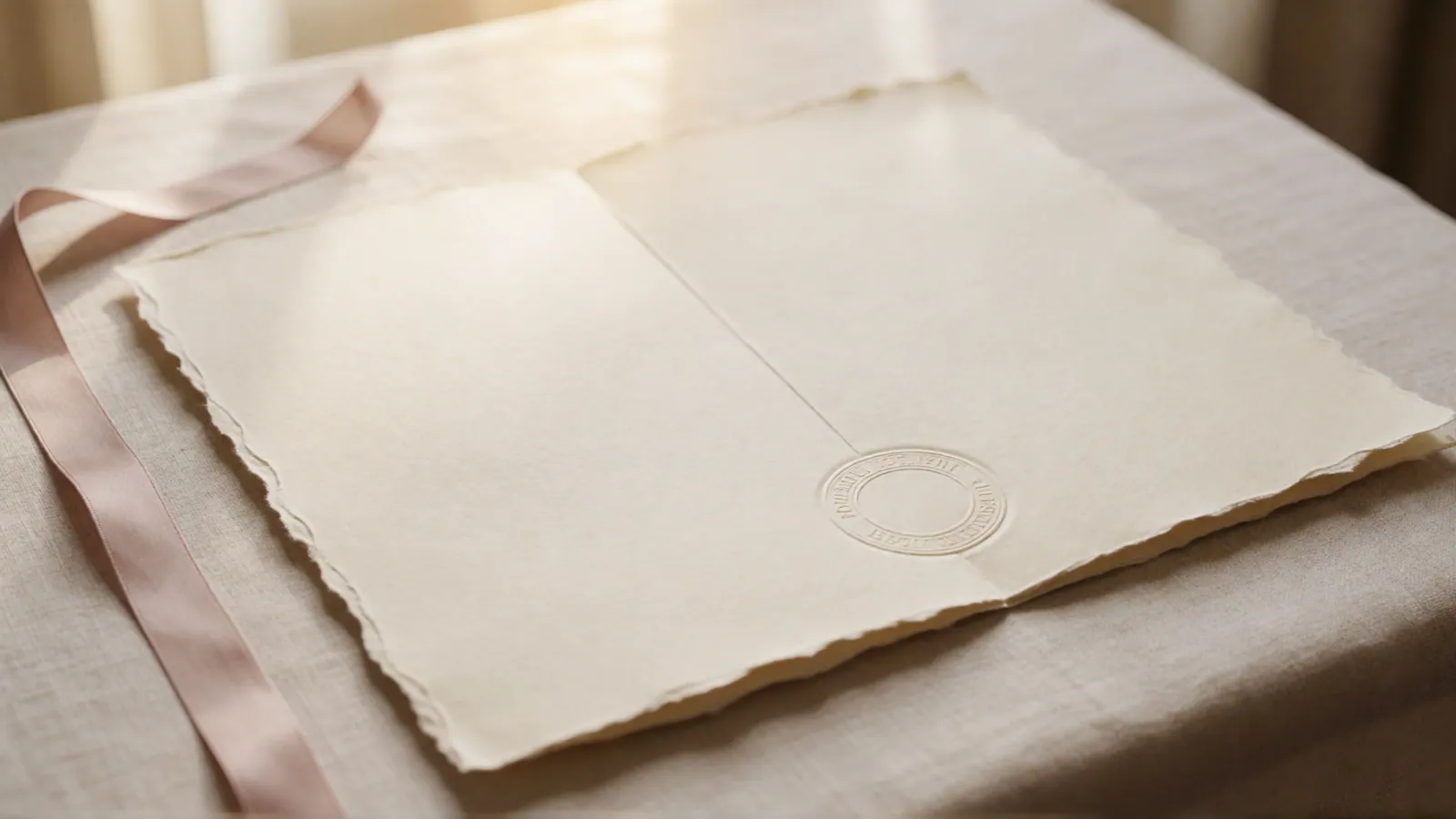 Two blank sheets of heavy laid paper side by side on a desk, both unprinted, lit from one side