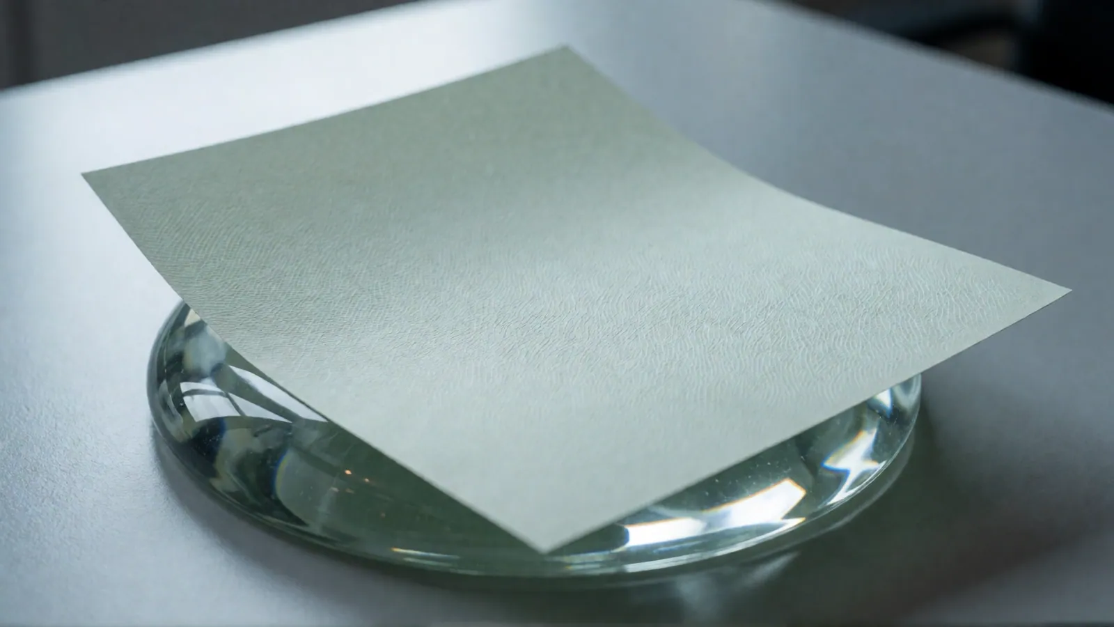 A small blank sheet of card-weight paper on a dark desk beside a plain metal embosser with an unengraved plate