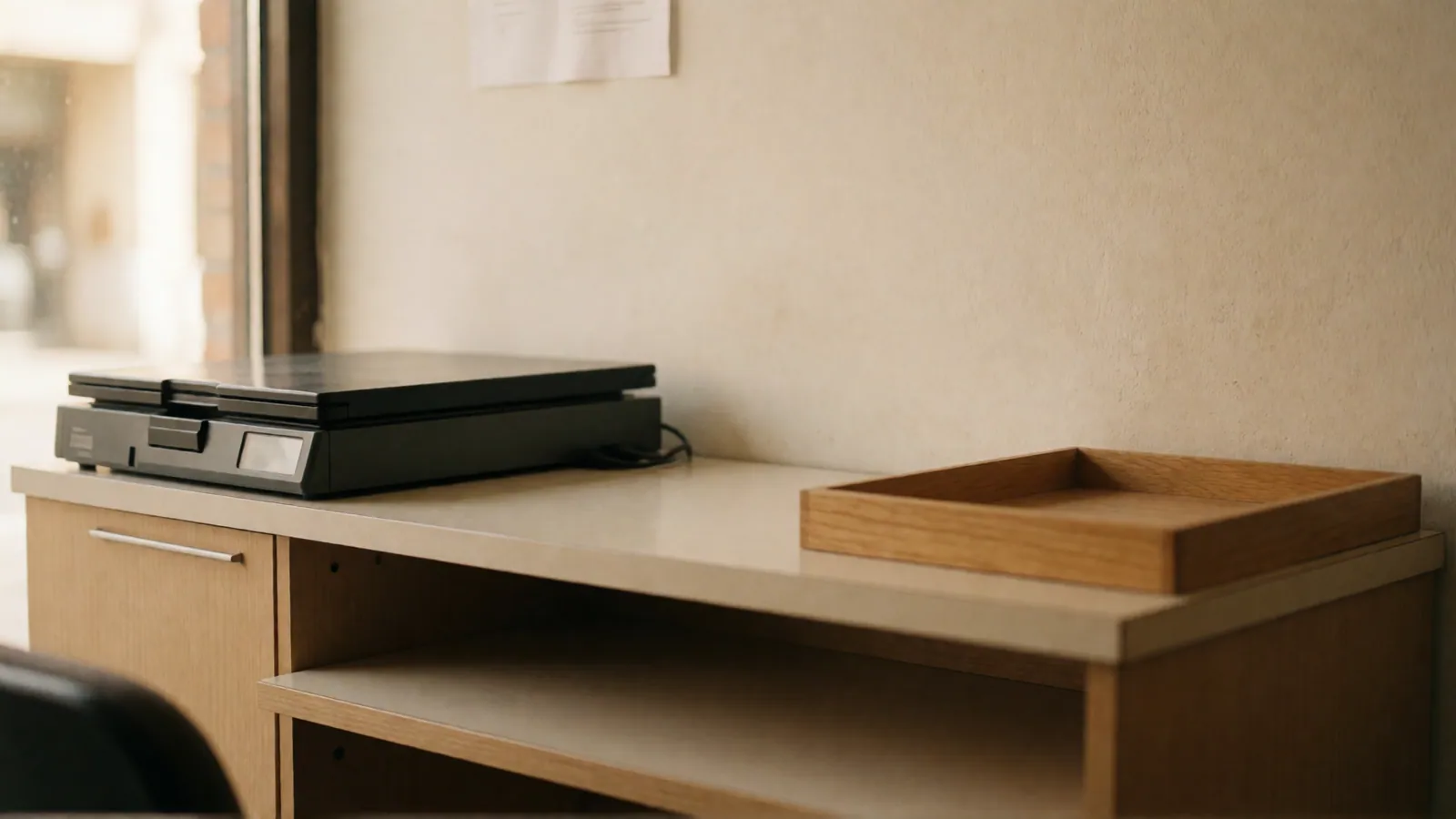 An empty counter in a small office with a flatbed scanner at one end