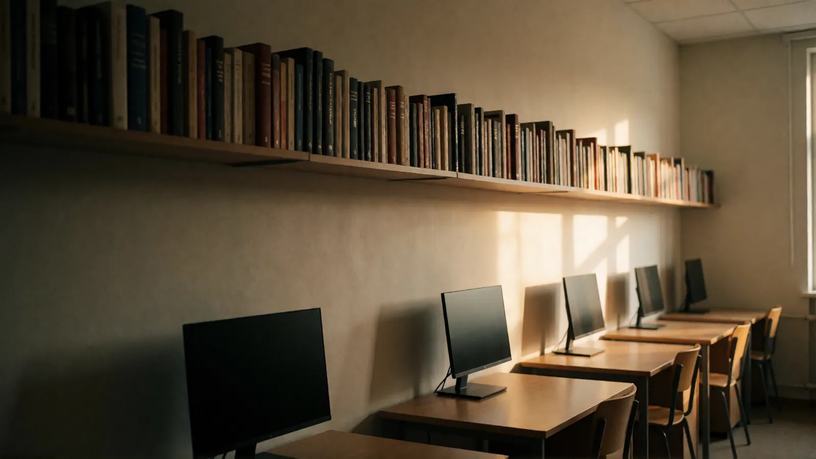 A shelf of books at a sharp oblique angle in deep shadow, the spines reduced to rhythm