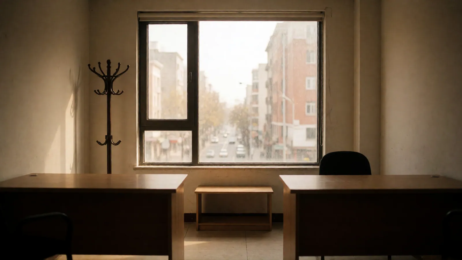 The front room of a small translation office in daylight, with nobody in it