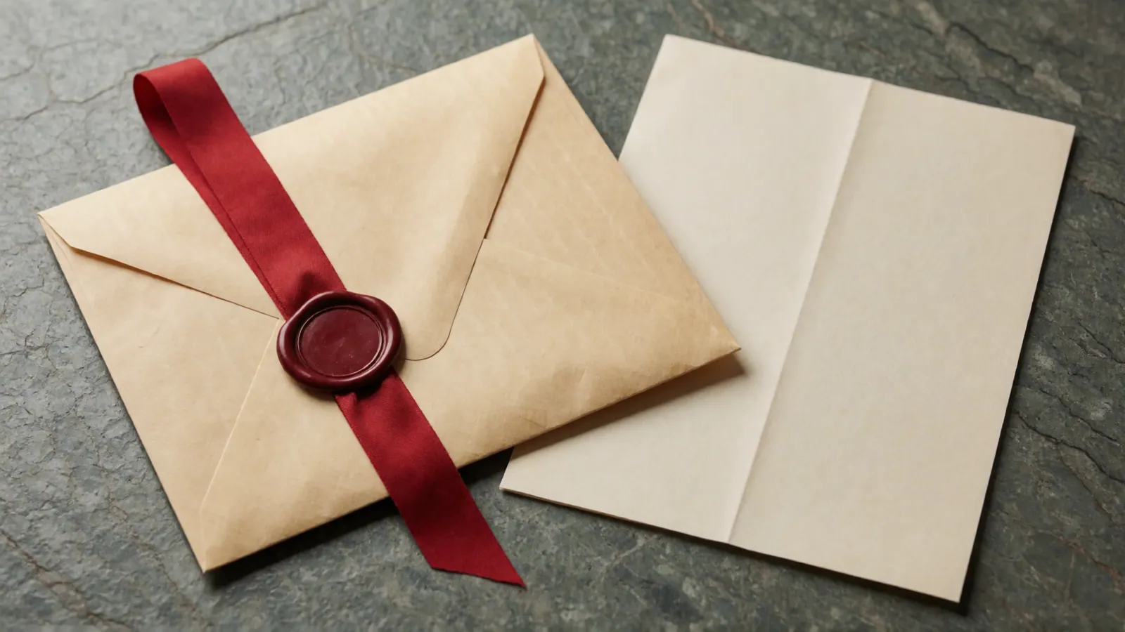A buff envelope tied with a dark red ribbon and closed with a smooth pool of wax that has no impression in it, lying on grey stone beside a blank sheet