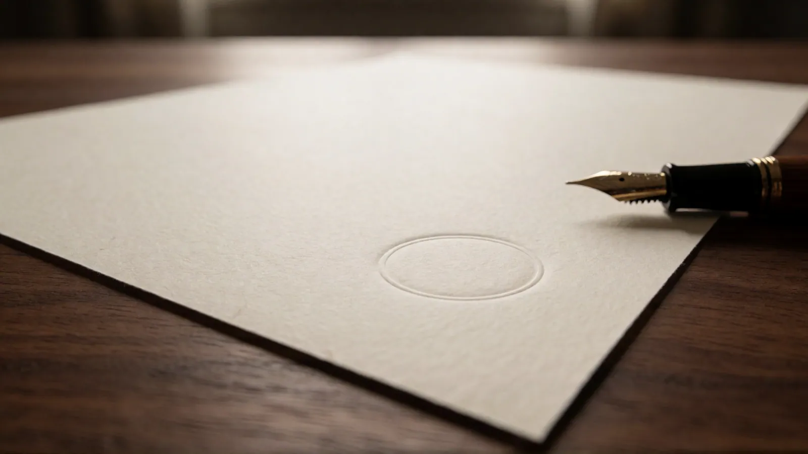 A single sheet of heavy blank paper on a dark wooden table, a smooth embossed ring pressed into it with nothing inside the ring, and the nib of a fountain pen at the edge of the frame