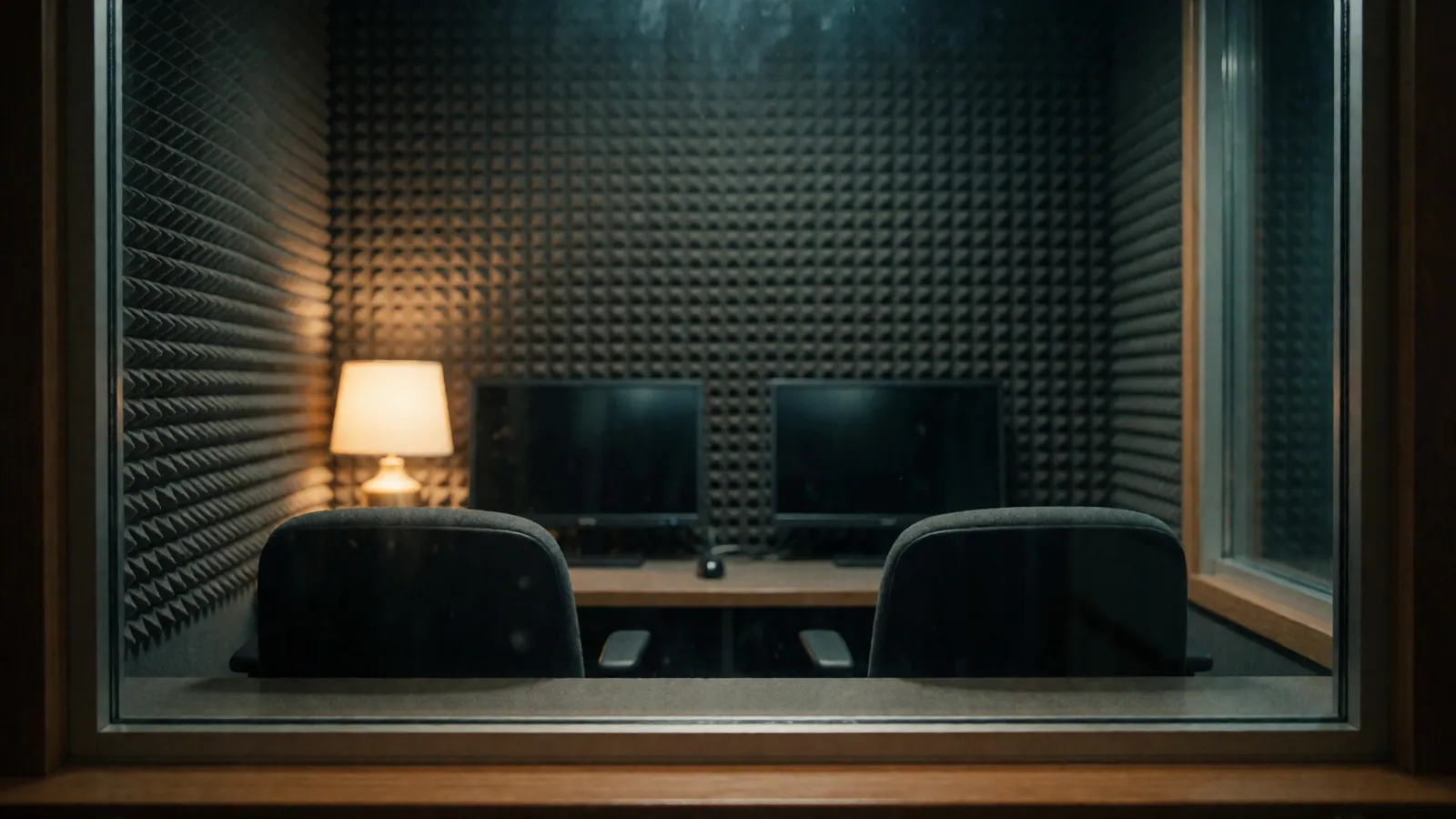 An interpreting booth seen through its window: two empty chairs, two dark screens that are switched off, and a small table lamp lit against the acoustic foam