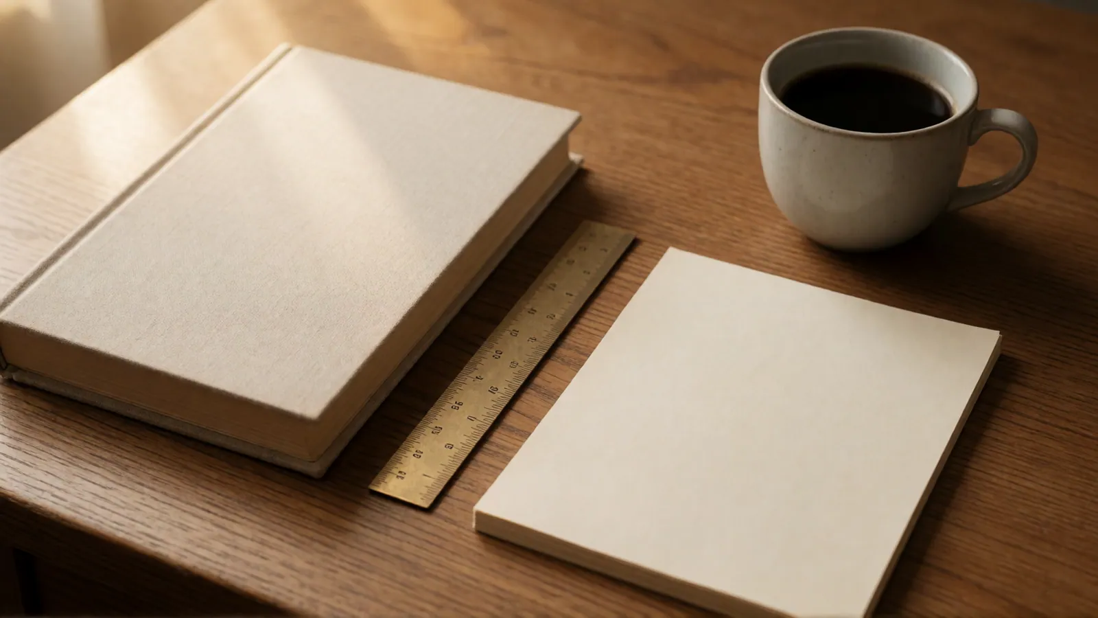 A cloth-bound blank book, a brass ruler and a block of unmarked paper on an oak desk in low sunlight, a stoneware cup at the edge of the frame