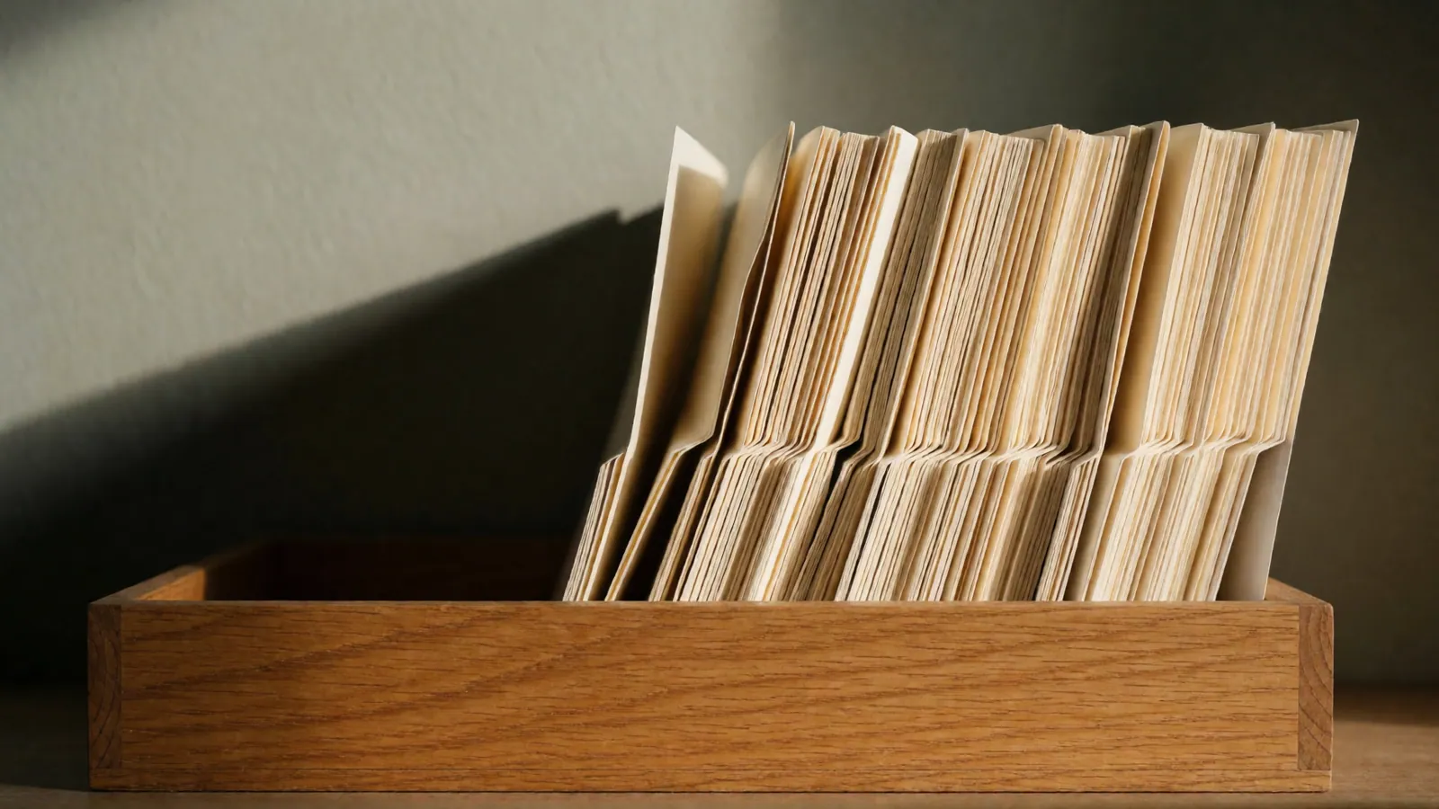 A working desk with squared stacks of blank paper, a plain envelope and an unmarked embosser, nothing readable in the frame