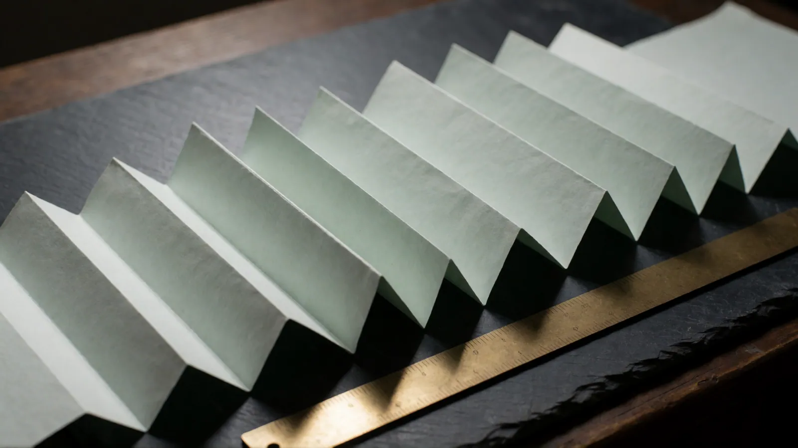 A long sheet of pale green paper folded into a concertina on dark slate, a brass ruler lying along the foot of the folds