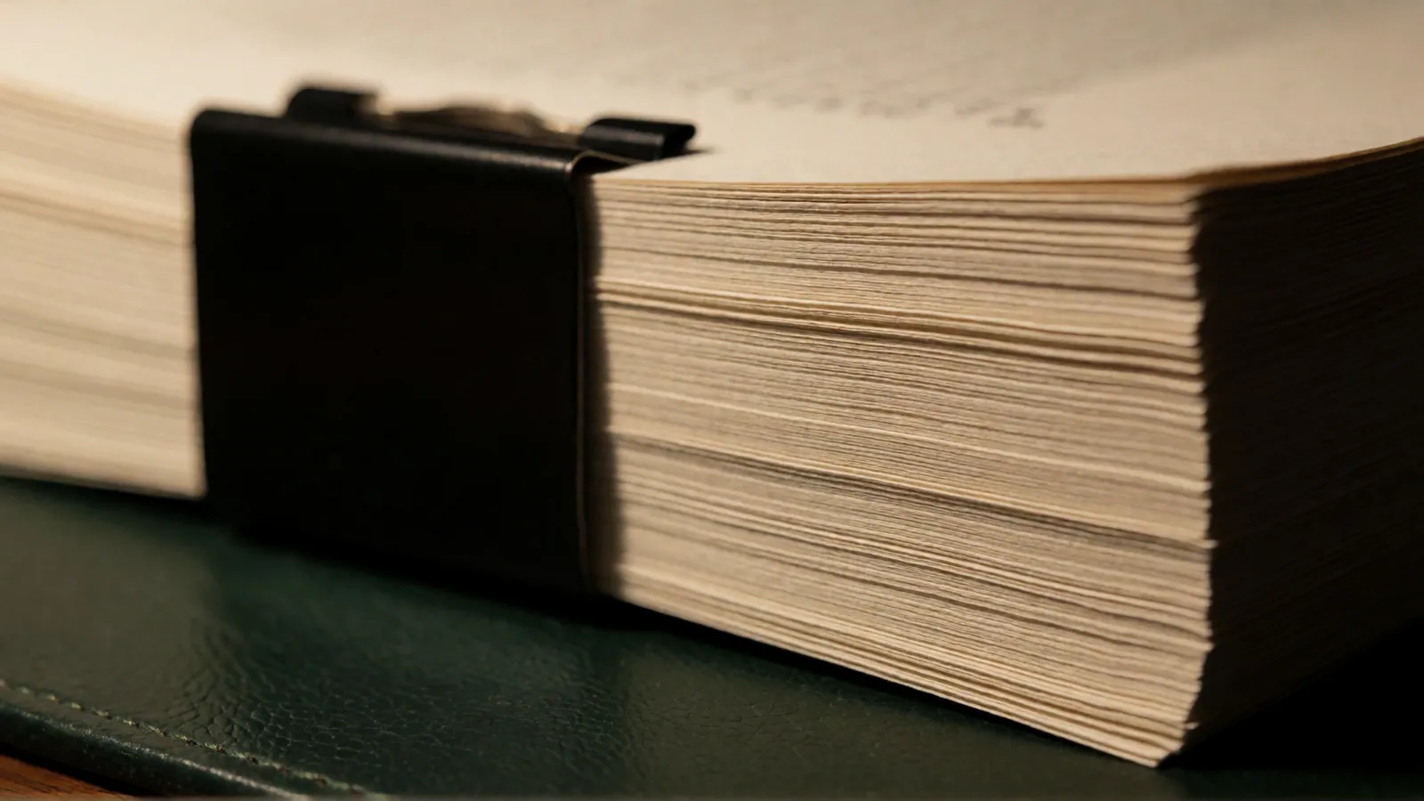 The cut edge of a thick block of paper seen from the side, clamped into a dark binder, the sheets reading as a stack of fine lines rather than as a page