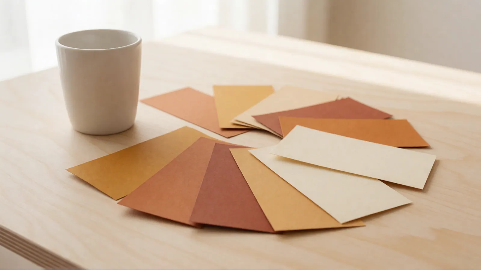 A fan of blank paper swatches in ochre, terracotta and cream spread across a pale birch table beside a stoneware cup