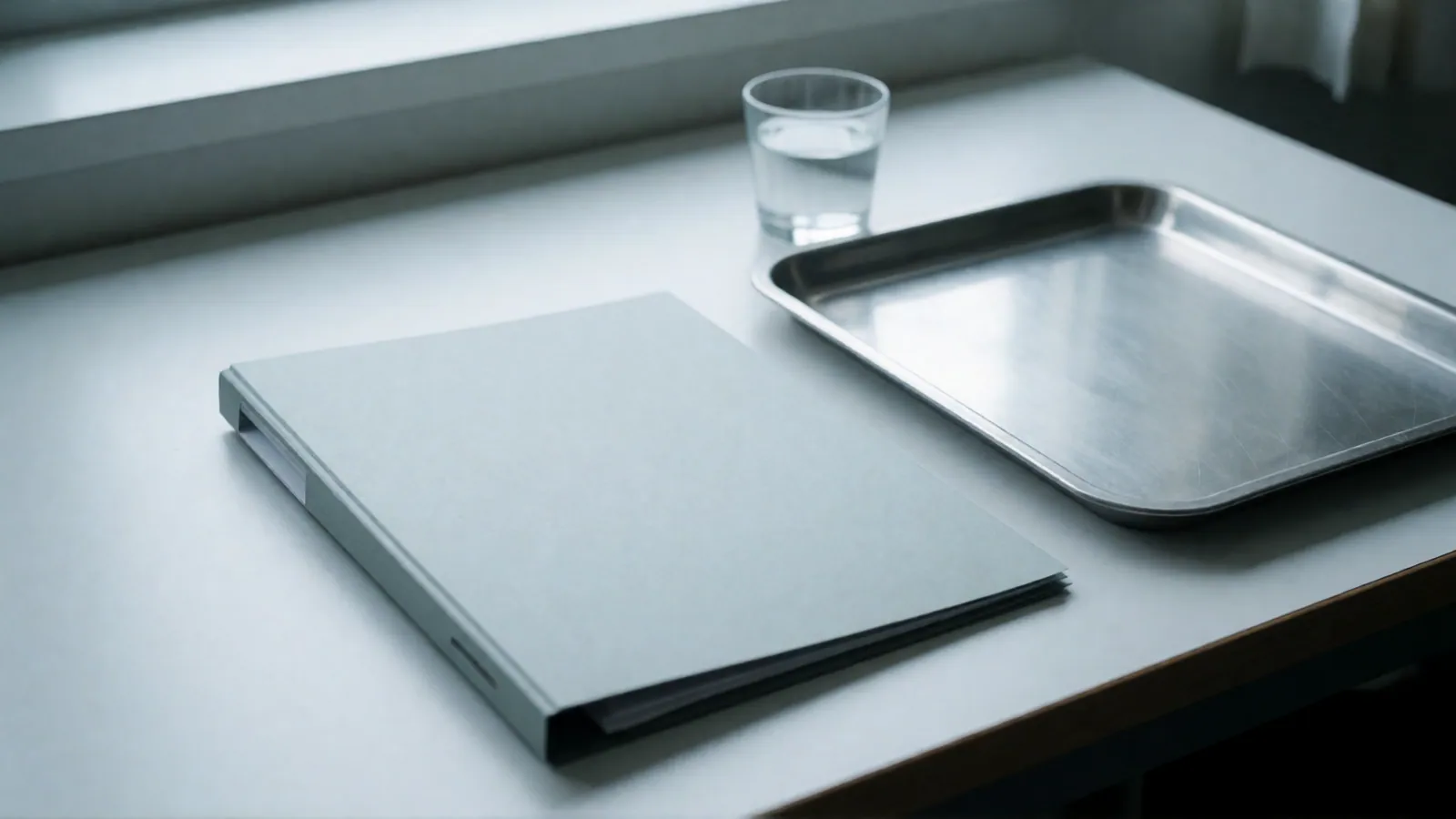 A pale clinical bench beside a window: an unmarked grey folder, an empty stainless steel tray and a glass of water, in flat daylight