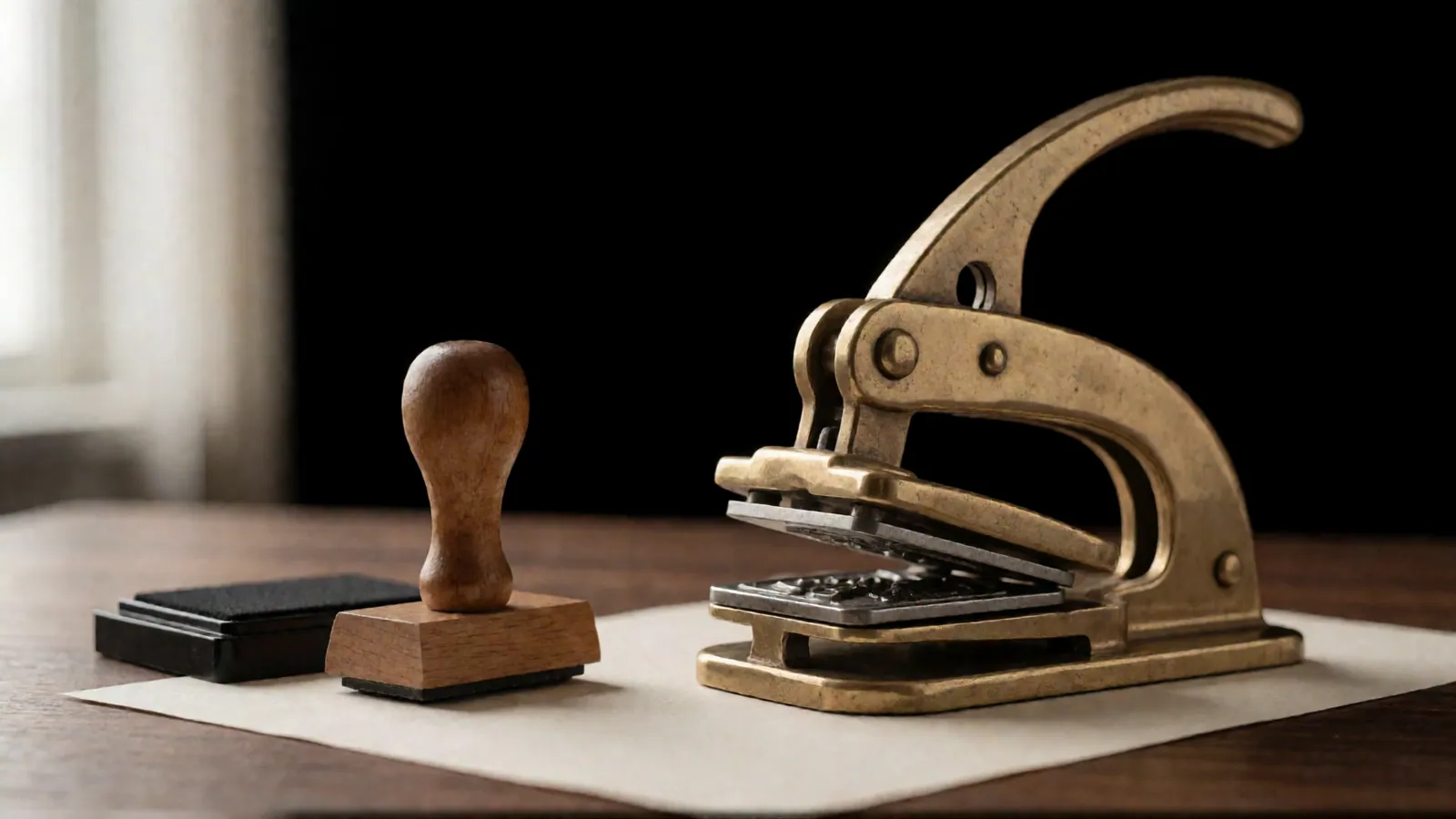 A wooden-handled rubber stamp with a plain unmarked face, an ink pad and a brass embossing press whose plate is blank, standing on a sheet of unmarked paper