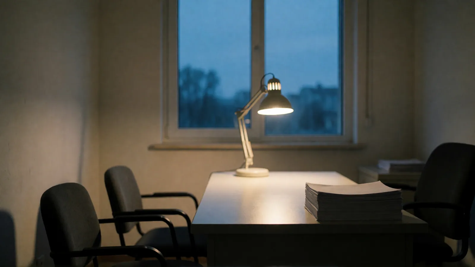 The office in daylight, with blank paper on the desks and the chairs empty