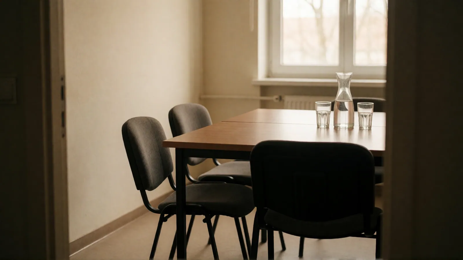An empty meeting room: a wooden table with four chairs pulled up to it, a carafe of water and two glasses, daylight from a single window