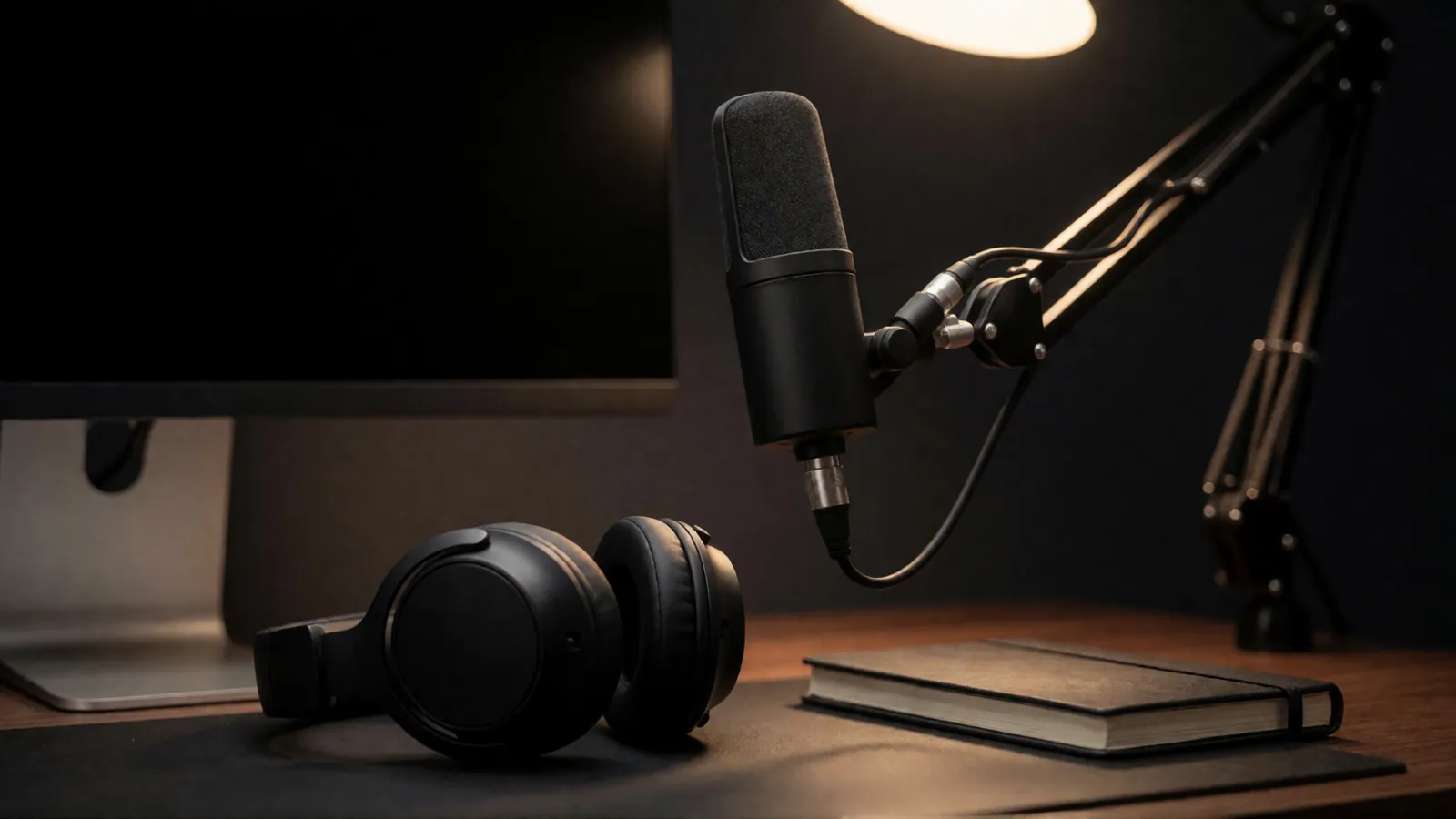 A microphone on a boom arm, a pair of closed-back headphones and a blank notebook on a dark desk, with the screen behind them switched off