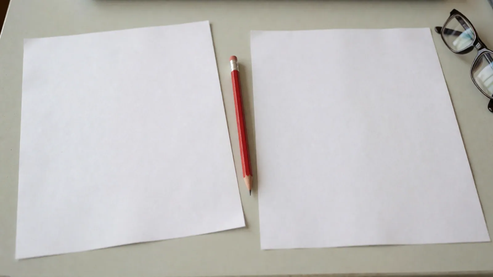 Two blank sheets of white paper laid side by side on a pale desk with a red pencil lying between them