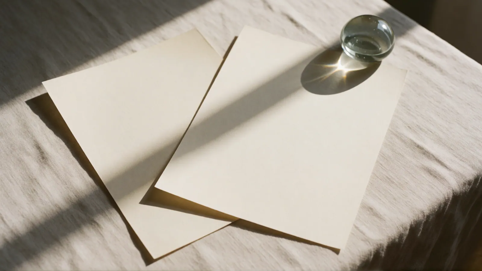 Two blank cream sheets overlapping on a linen cloth in hard sunlight, a glass paperweight throwing a star of light across the top corner