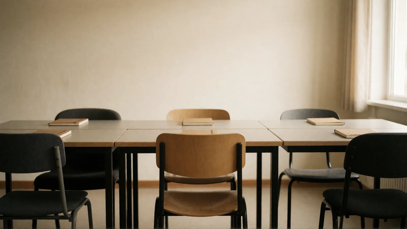 A small office in daylight with empty desks and empty chairs