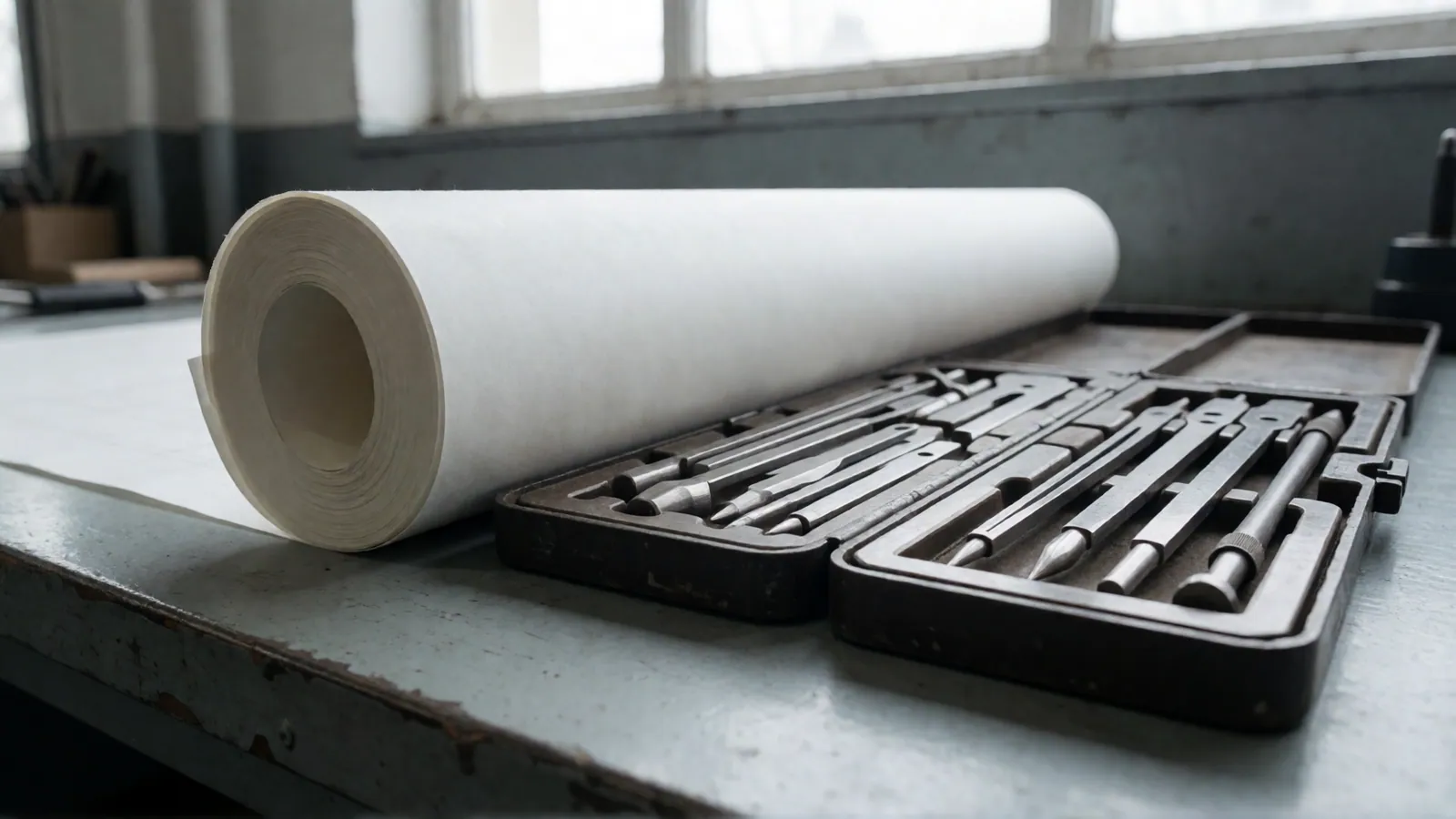 A roll of plain white paper on a workshop windowsill beside an open case of steel machinist's tools set into cut foam