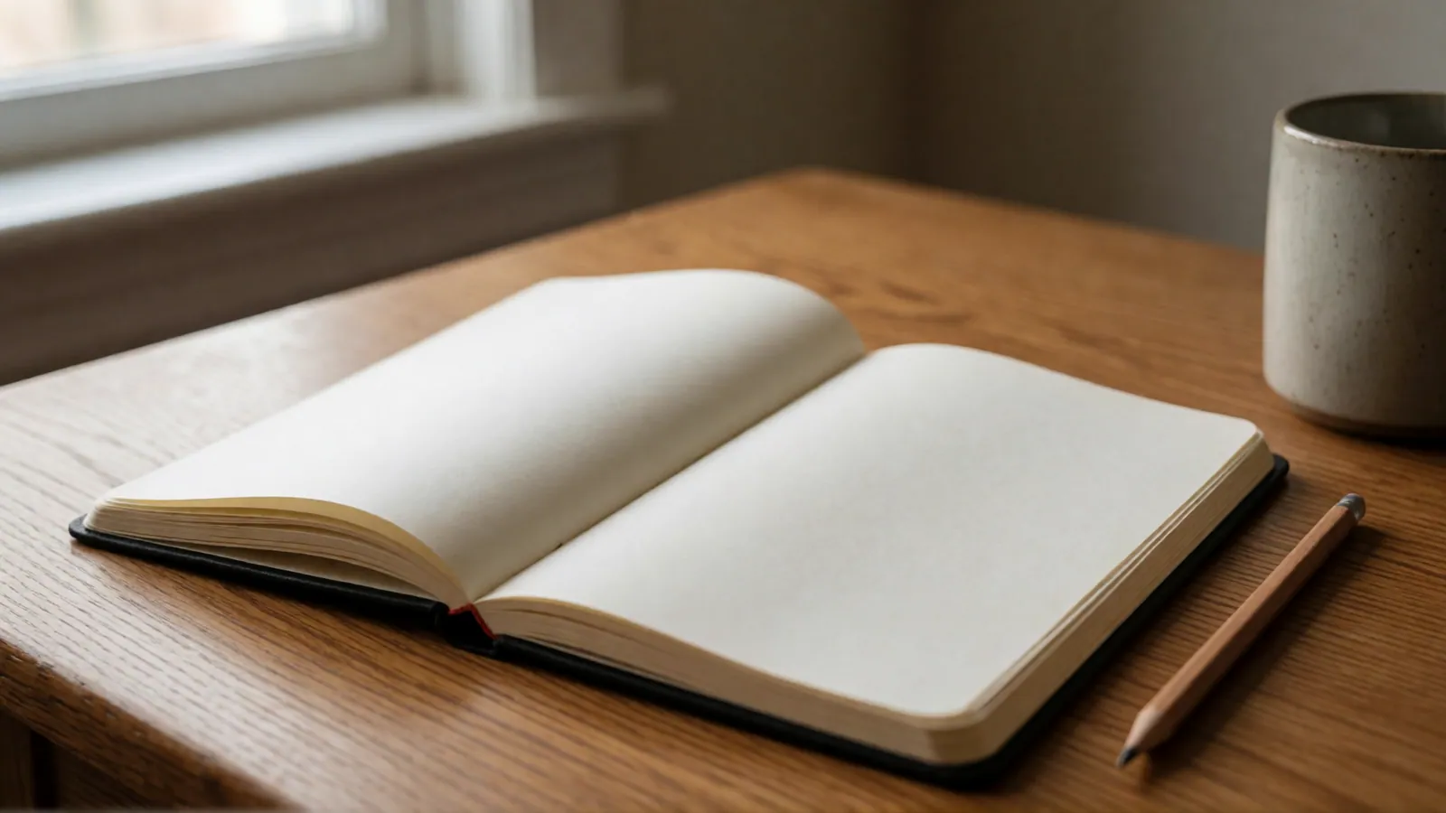 A blank sheet of paper on a desk beside a brass lamp